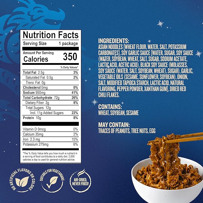 Blue Dragon Soy Garlic Saucy Noodles 4.2 oz (Pack of 6) – Knife-Cut Noodles with Soy Garlic Sauce & Chili Garnish – Air-Dried, Never Fried – Vegetarian Friendly