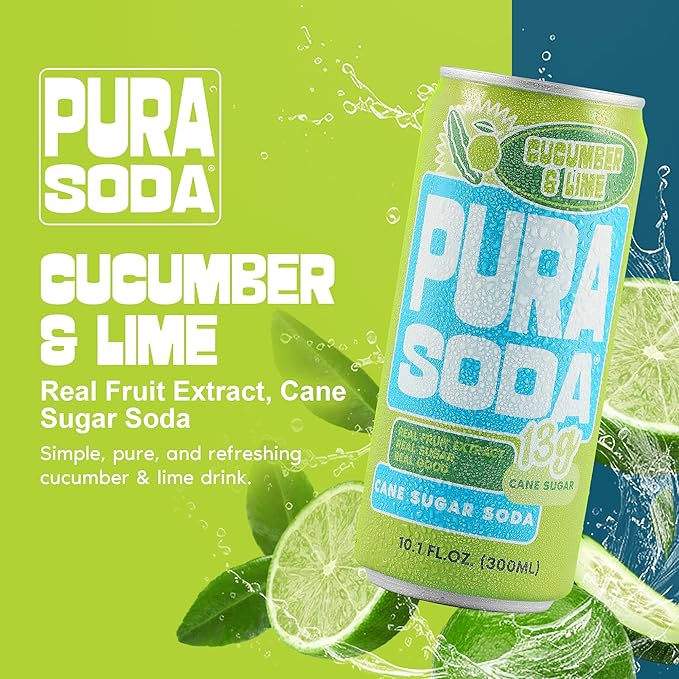 PuraSoda® Cucumber & Lime | Low-Calorie, Cane Sugar Soda Beverage | Non-GMO, Vegan | Made with Pure Cane Sugar, Clean & Refreshing | 10.1 fl oz (300ml) Cans, Pack of 24