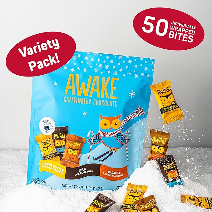 AWAKE - Caffeinated Chocolate Bites - 50mg Caffeine per bite - Winter Wake Up Variety Pack (3 Flavors), 50 Bites - Peanut Butter, Milk, & Caramel - Energy Bites - Coffee Alternative - Fairtrade, Gluten Free, Non GMO - 0.48oz each