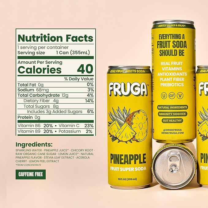 FRUGA Pineapple Sparkling Fruit Super Soda | Prebiotic Soda, Low Calorie, Healthy Soda Benefits and Vitamin Boost