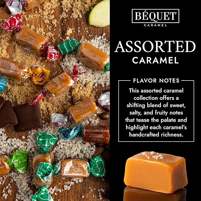 Béquet Assorted Caramels - Gourmet Individually Wrapped Candy Variety Pack - Celtic Sea Salt, Salt Chocolate, Classic Vanilla, Butterscotch, Green Apple, Salted Mocha & Salted Butterscotch - 16 oz Gift Bag