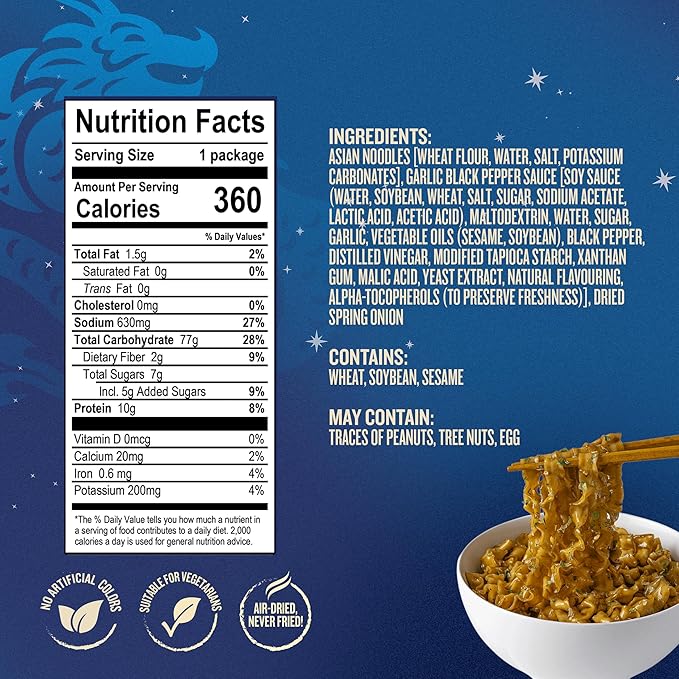 Blue Dragon Garlic & Black Pepper Saucy Noodles 4.2 oz (Pack of 6) – Knife-Cut Noodles with Garlic & Cracked Pepper Sauce – Air-Dried, Never Fried – Vegetarian Friendly
