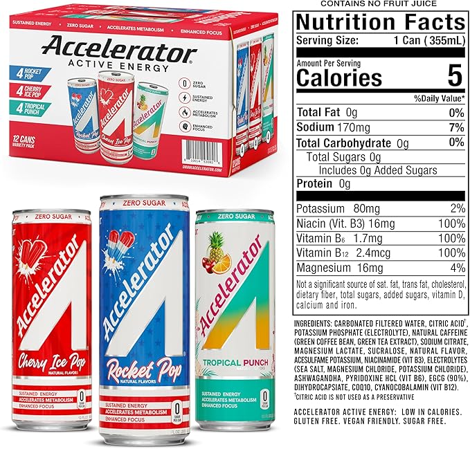 Accelerator Energy Drink, Variety Pack 12oz can (12 pack), Zero Sugar, Sustained Energy from 100% Natural Caffeine (200mg from Green Coffee Bean & Green Tea extract)