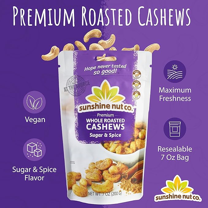 Sunshine Nut Company Whole Roasted Lightly Salted Cashews, Sugar and Spice Flavor, 2 Pack, 7 oz. Each, Gluten Free, Peanut Free and Vegan Individual Snack Packs for Kids and Adults, GMO Free