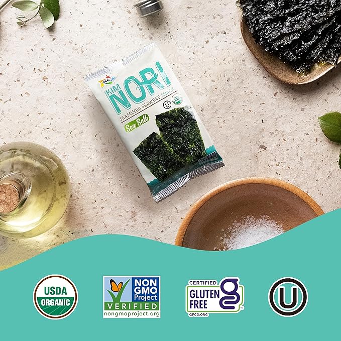 KIMNORI Seasoned Seaweed Snacks Sheets – Organic Sea Salt Flavor, 12 Individual Packs, Roasted Crispy Premium 100% Natural Laver Kim Nori, 4g 0.14 Ounce