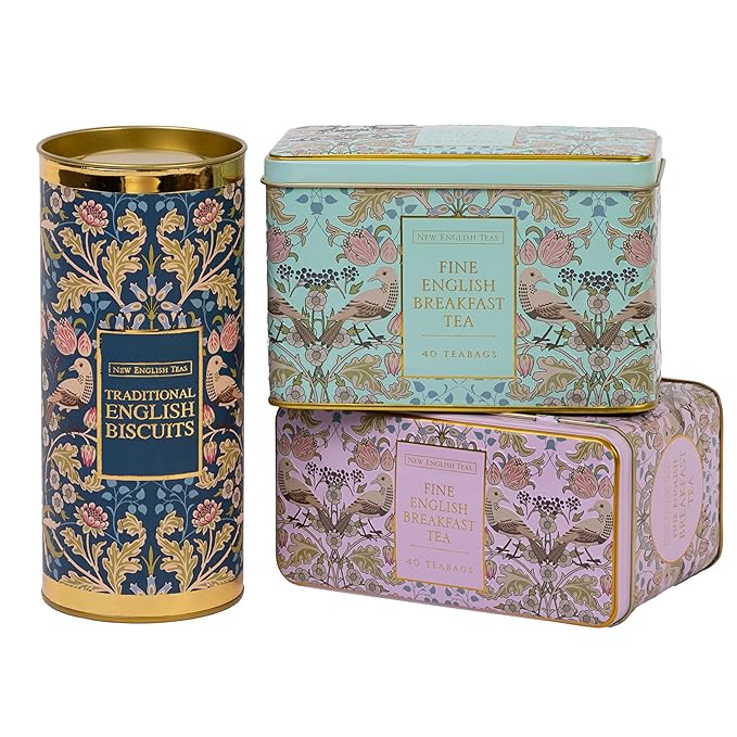 New English Teas Traditional Tea & Cookies Gift Set with 80 English Breakfast Teabags & Cornish Cookies