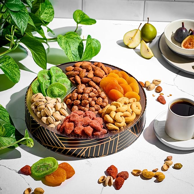 Oh! Nuts 7 Section Dried Fruits and Nuts Gift Basket - Gourmet Assorted Fruit & Nut Gifts Baskets - Healthy Food Round Metal Tin Box - Festive Gifts for Holiday, Birthday, Corporate Women & Men