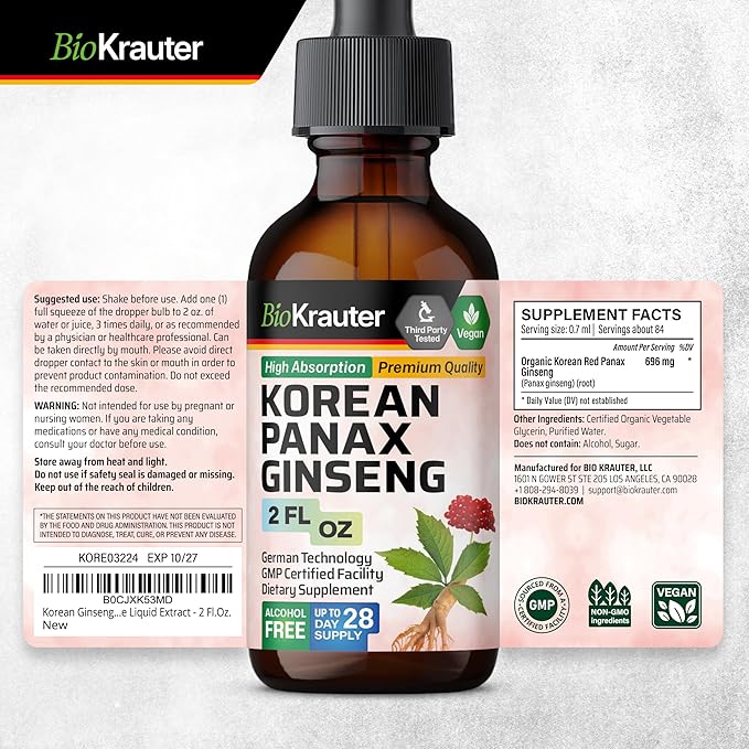 BIO KRAUTER® Ginseng Supplement - Pure Vegan Liquid Drops Korean Red Ginseng 696 mg per Serving 2 Fl.Oz 28-Day Supply - Used for Energy, Focus, Performance & Immune Support - Alcohol & Sugar Free