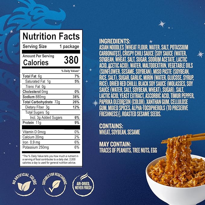 Blue Dragon Chili Crisp Saucy Noodles 4.2 oz (Pack of 6) – Knife-Cut Noodles with Crispy Chili Sauce – Air-Dried, Never Fried – Vegetarian Friendly