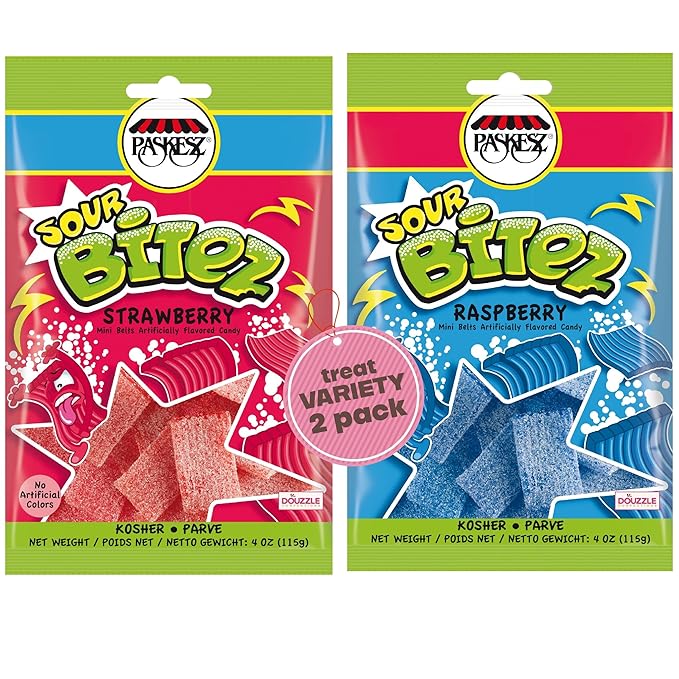 DOUzzle Valentines Day Sweet Treats, Sour Bitez Chewy Candy Strips Strawberry & Raspberry Variety Pack Assortment (2 Pack) Goodie Bag Stuffer, Pinata Filler - Kosher Parve