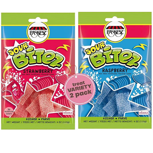 DOUzzle Valentines Day Sweet Treats, Sour Bitez Chewy Candy Strips Strawberry & Raspberry Variety Pack Assortment (2 Pack) Goodie Bag Stuffer, Pinata Filler - Kosher Parve