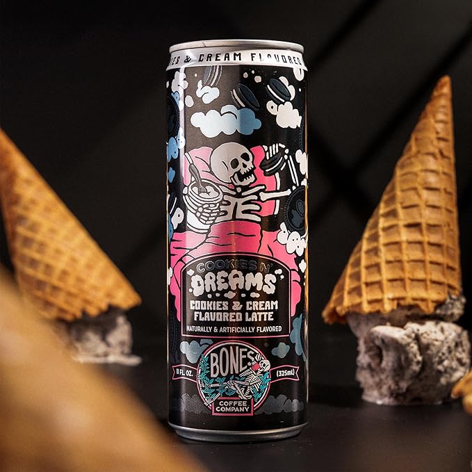 Bones Coffee Company Cookies N' Dreams Latte Flavored Coffee, Medium Roast Ready To Drink Iced Coffee in Can, 11 Fl Oz Can (4 Pack)