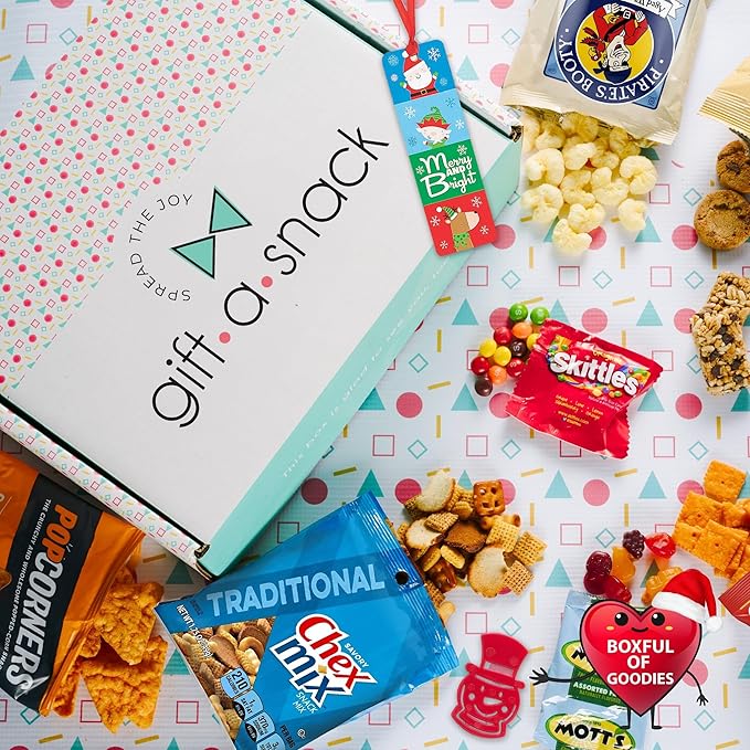 Gift A Snack - Christmas Candy Stocking Stuffers, Pre-filled Holiday Snack Box Care Package + Greeting Card (45 Count) Sweet Treats Gift Basket, Candies Chips Office Food Assortments