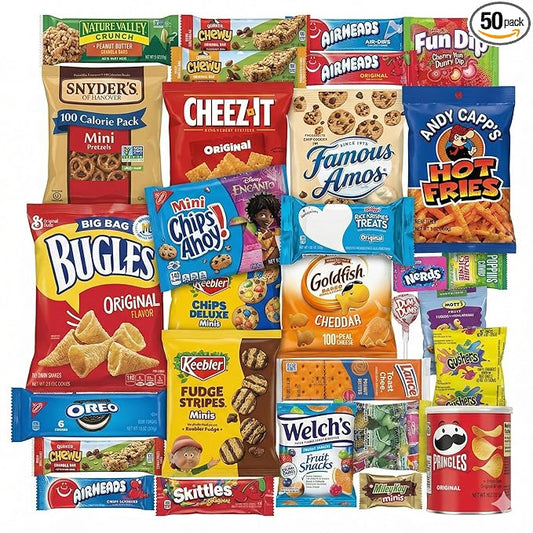 Snacks Gift Box Variety Pack Care Package (50 Count) - Assorted Individual Snacks Gift Basket - Cookies & Chips for Adults, Kids, College Students - Birthday, School, Office, & Travel Sampler