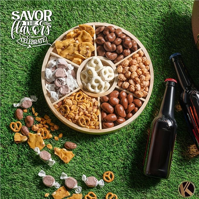 KREMERY Creamy Chocolate Cravings - Valentines Day Chocolate Covered Pretzels & Nuts Gift Basket, in Reusable Round Wooden Tray + Ribbon (7 Assortments) Sweet Treats, Kosher