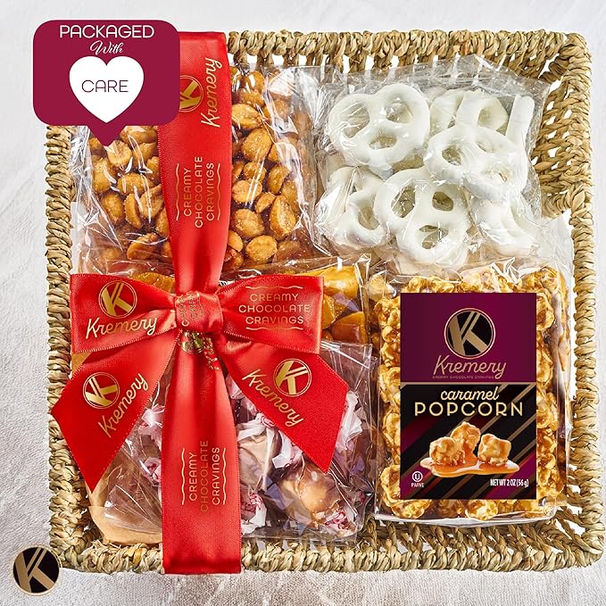 KREMERY Creamy Chocolate Cravings - Valentines Day Chocolate Covered Pretzels & Caramel Popcorn Gift Basket, in Seagrass Tray + Ribbon (Classic, 1.5 lbs) Sweet Treats Food Arrangement, Kosher