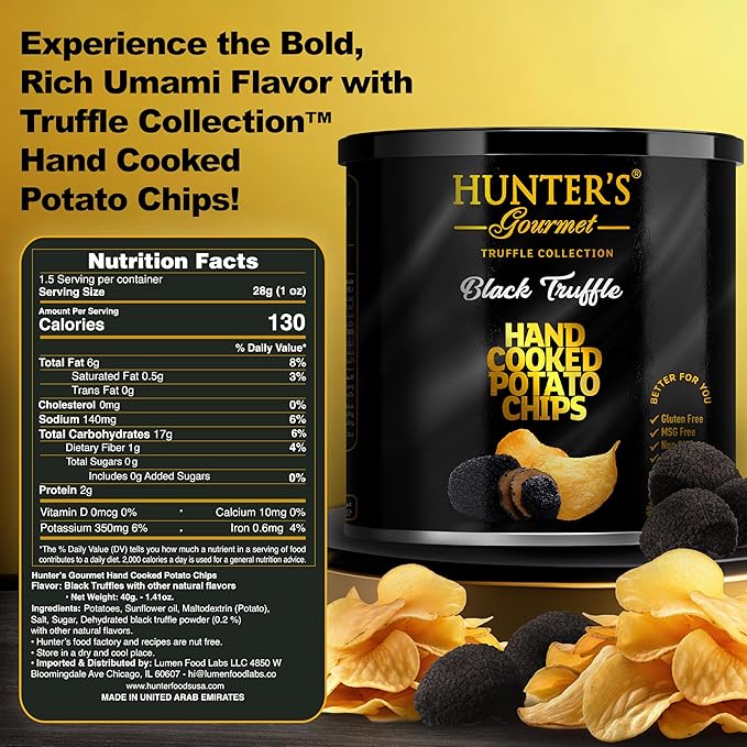 Hunter's Gourmet Truffle Chips | Cholesterol & Dairy Free | Black Truffle | Made in a Nut-Free Facility | No Artificial Colors | No Preservatives | Hand-Cooked | Gluten-Free Snacks | Pack of 8 | 40g