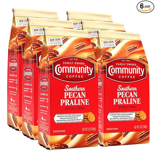 Community Coffee Southern Pecan Praline Flavored 72 Ounces, Medium Roast Ground Coffee, 12 Ounce Bag (Pack of 6)