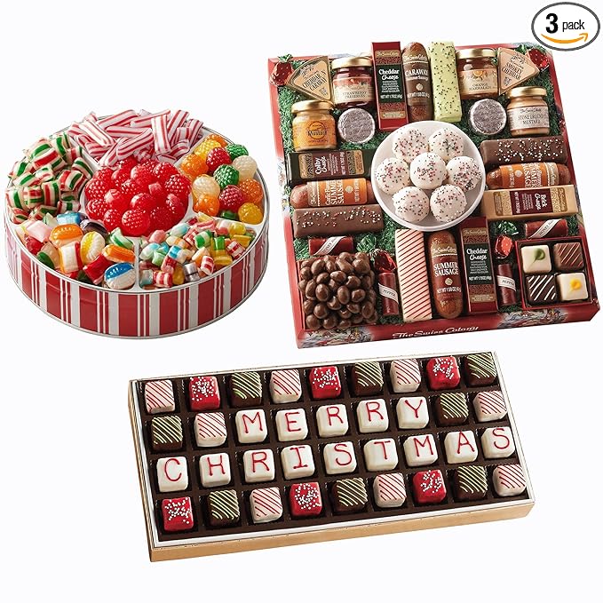 The Swiss Colony 27 Favorites Food Gift Box - Assorted Cheeses, Chocolates, and Summer Sausage Meats with Merry Christmas Petits Fours Mini Layer Cakes with Traditional Old Fashioned Candy Assortment