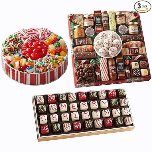 The Swiss Colony 27 Favorites Food Gift Box - Assorted Cheeses, Chocolates, and Summer Sausage Meats with Merry Christmas Petits Fours Mini Layer Cakes with Traditional Old Fashioned Candy Assortment