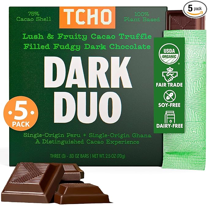 TCHO Dark Duo 75% Dark Chocolate Bars (5 pack) | Plant Based, Organic & Fair Trade, | Non GMO, Non-Dairy, Vegan Chocolate, Soy Free (2.5oz each)
