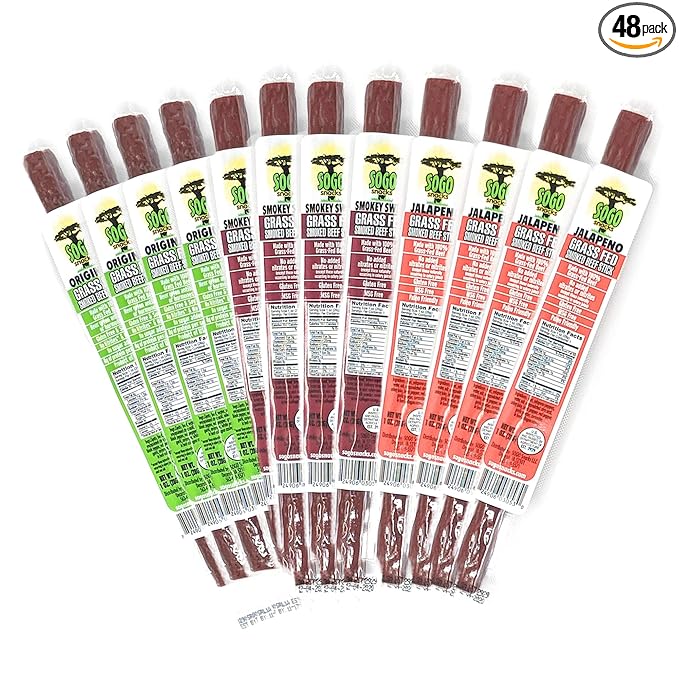 Variety, 100% Grass-fed/finished, Non-GMO Beef Sticks. No Added Nitrates, Gluten, Soy, MSG, Dairy or Nuts. Keto, Whole30 & Paleo (16 Original, 16 Smokey Sweet, 16 Jalapeno, 48 Count, 1-oz Sticks)
