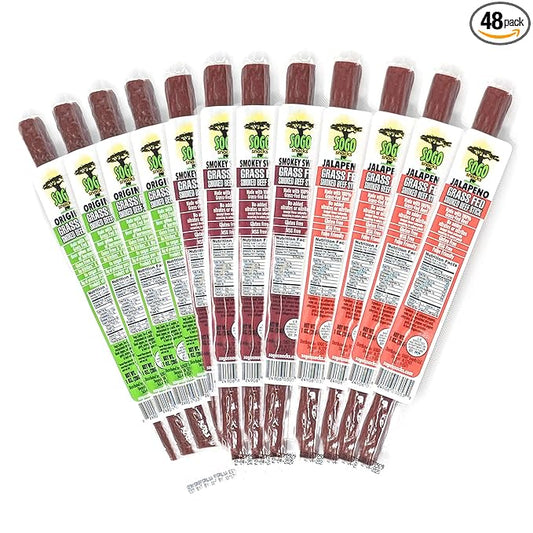 Variety, 100% Grass-fed/finished, Non-GMO Beef Sticks. No Added Nitrates, Gluten, Soy, MSG, Dairy or Nuts. Keto, Whole30 & Paleo (16 Original, 16 Smokey Sweet, 16 Jalapeno, 48 Count, 1-oz Sticks)