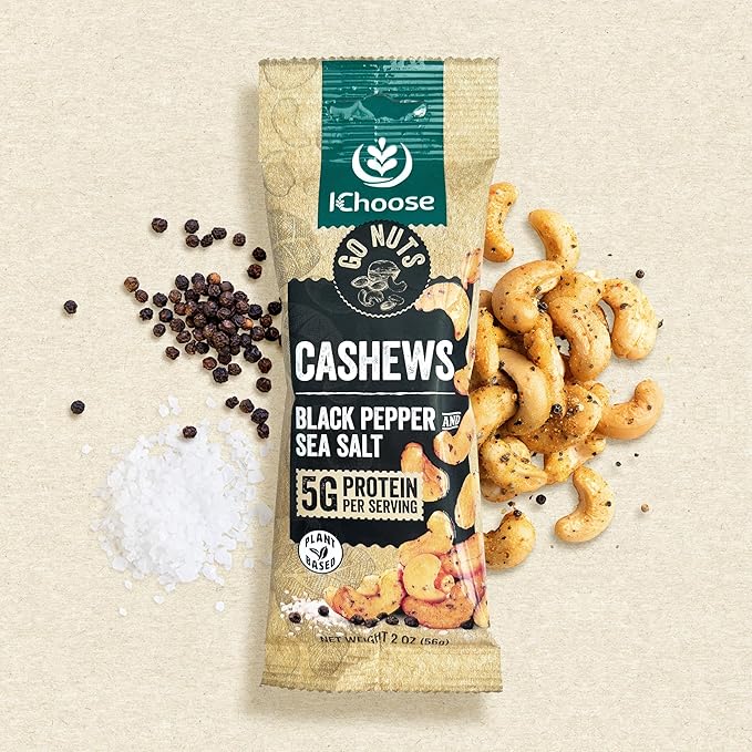 IChoose Go Nuts – Premium Cashews, High Protein Plant-Based Snack, 2 oz per Pack (20 Packs, Black Pepper and Sea Salt)