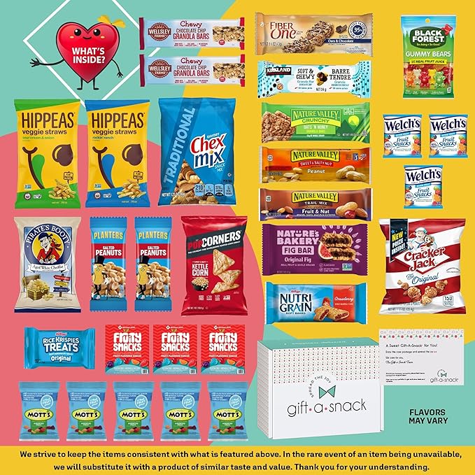 Gift A Snack - Valentines Day Healthy Snack Box Care Package + Greeting Card (30 Count) Birthday Treats Gift Basket, Nutritious Granola Breakfast Bars Office Food Assortments & Variety Gifts