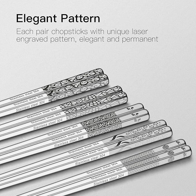 Metal Chopsticks Reusable 18/8 Stainless Steel Chopsticks Multipack Dishwasher Safe Chop Sticks Cute Laser Engraved Non-slip Japanese Korean Chopstick for Cooking Eating 9 1/4 Inches 5 Pairs Gift Set