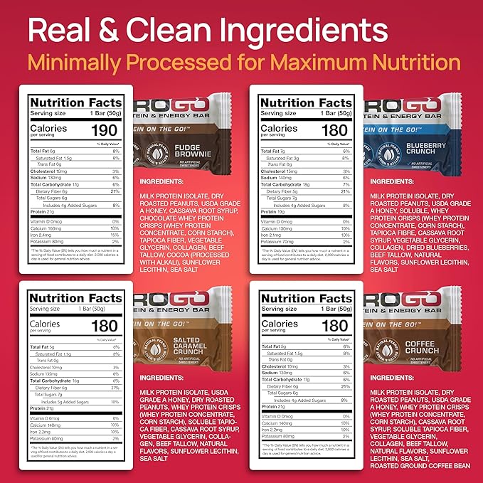 ProGo Protein Bars, Energy Bars - Up to 21g Clean Protein, Made with 95% Pure Isolate, Tallow, Collagen, Real Ingredients - Low Calorie, No Artificial Sweeteners (4-Count, Starter Pack)