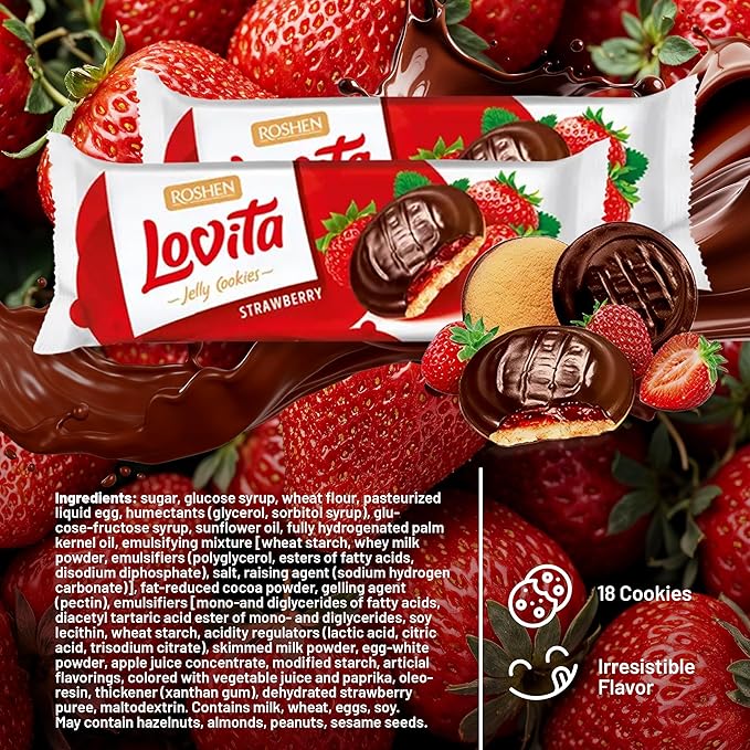 Roshen Lovita Cookies with Strawberry Jelly Filling, 4.76 oz, Golden Biscuit with Strawberry Jelly & Smooth Chocolate Glaze, European Gourmet Cookies, Pack of 2
