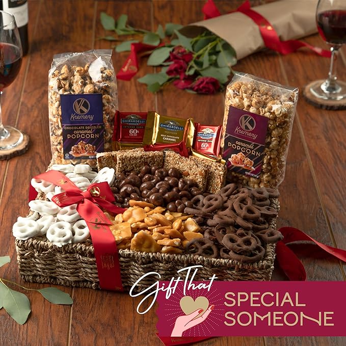 KREMERY Creamy Chocolate Cravings - Valentines Day Chocolate Covered Pretzels & Caramel Popcorn Gift Basket, in Seagrass Tray + Ribbon (Deluxe, 3.5 lbs) Sweet Treats Food Arrangement, Kosher