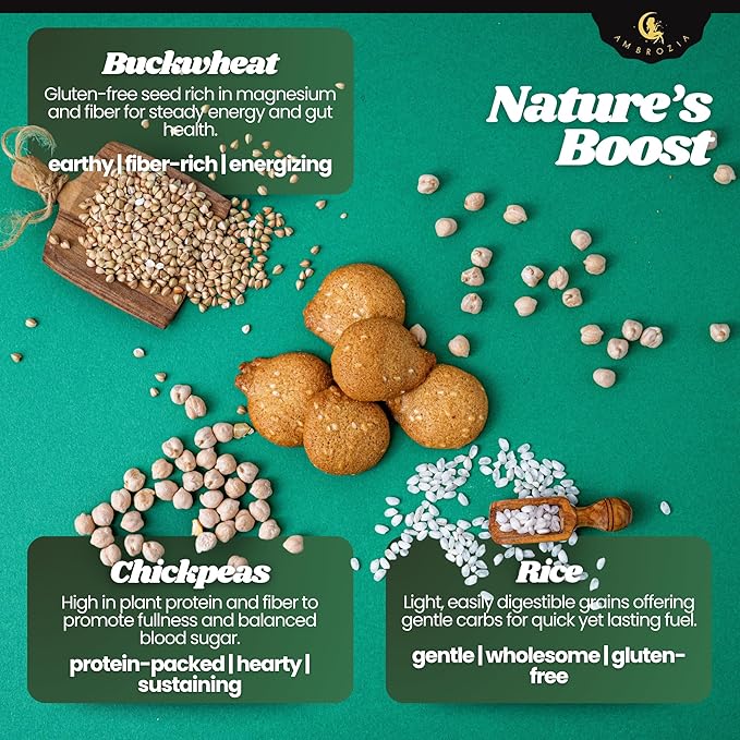 Ambrozia Vegan Snack Biscuits – Chickpeas, Buckwheat &Rice - Soft Baked, No Added Sugar, Clean Label, High Fiber & Wholesome Ingredients, Kid-Friendly, Healthy Snacks for Active Lifestyles, 4 x 4.58Oz
