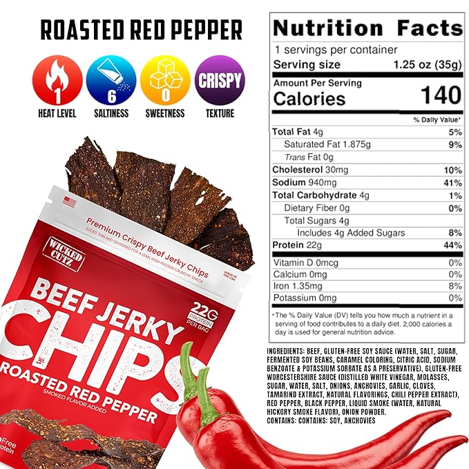 Wicked Cutz Roasted Red Pepper Beef Jerky Chips, 22g Protein per Bag, Crispy & Crunchy Beef Jerky Crisps, USA Made Pepper Flavored Chips, High Carnivore Snacks (2 Bags)