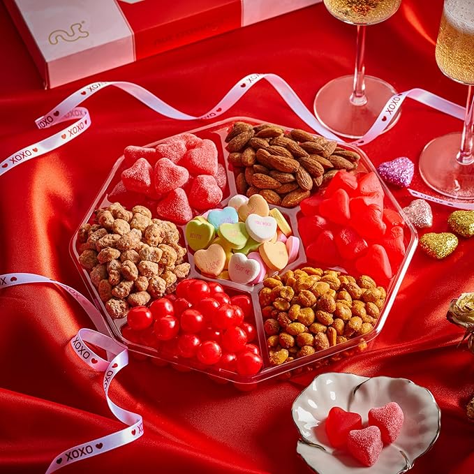 NUT CRAVINGS - Valentines Day Mixed Nuts & Heart Candy Gift Basket in Red Gold Box (7 Assortments, 1 LB) Treats for Adults, Food Arrangement, Healthy Snack Care Package, Kosher