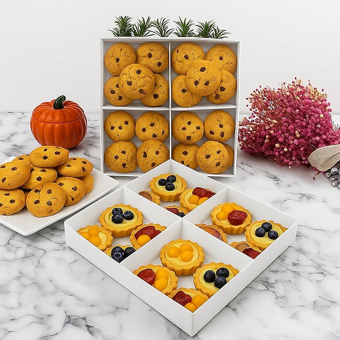 Diakarma Gift Boxes with Clear Cover, Bakery Treat Boxes for Small Cakes, Cookies, Desserts, Donuts, Pastries, Gifts, and Party Favors – Durable & Elegant (24 Pieces White Kraft, 8"x8"x1.2")