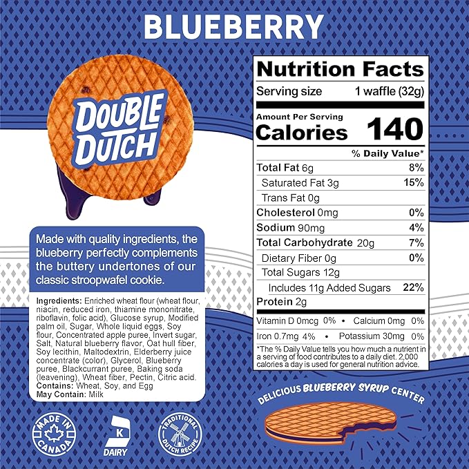 Double Dutch Stroopwafel Cookies – 2 Pack – 16 Waffles – Caramel, Blueberry, Vanilla, Chocolate Salted Caramel (16 Count, Blueberry)