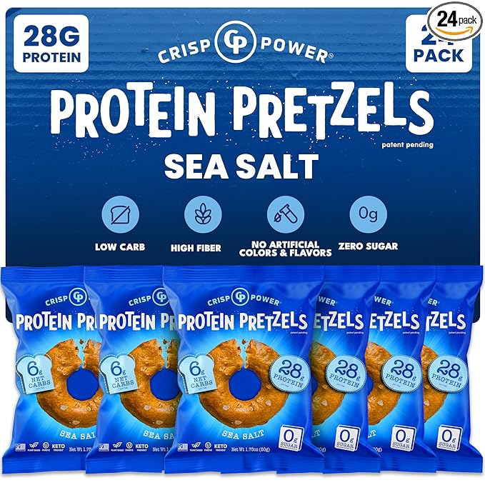 Crisp Power High Protein Pretzels, Sea Salt, High Protein Snack, 28G Protein, Low Carb, Crunchy, No Added Sugar, Keto-Friendly Snack, 1.75 oz Bags, 24 Pack, Vegan, Plant-Based, Keto
