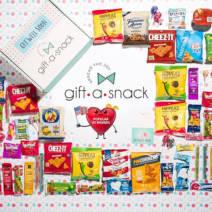 Gift A Snack - Get Well Soon Snack Box Variety Pack Care Package + Greeting Card (60 Count) Feel Better Sweet Treats Gift Basket, Candies Chips Crackers Bars - Office Food Assortments