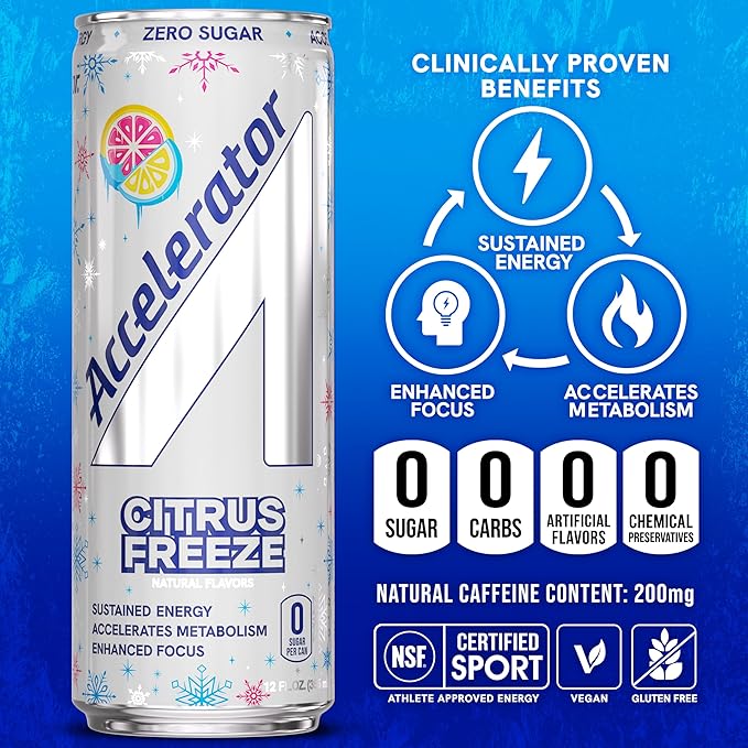 Accelerator Energy Drink, Citrus Freeze 12oz can (12 pack), Zero Sugar, Sustained Energy from 100% Natural Caffeine (200mg from Green Coffee Bean & Green Tea extract)
