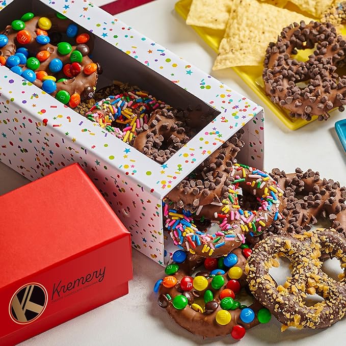 KREMERY Creamy Chocolate Cravings - Valentines Day Chocolate Covered Pretzel Twists Gift Basket, in Confetti Tower (12 Pretzels, Assorted Sweet Toppings) Sweet Treats Food Arrangement, Kosher