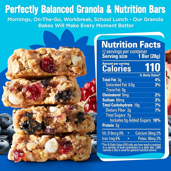 Cooper Street Blueberry Pomegranate Granola Bakes (24 bars) - Individually Wrapped Soft and Chewy Breakfast Granola Bars - Nut, Dairy & Soy Free - Great As Kids Snacks For School, Hiking Or Lunchbreak