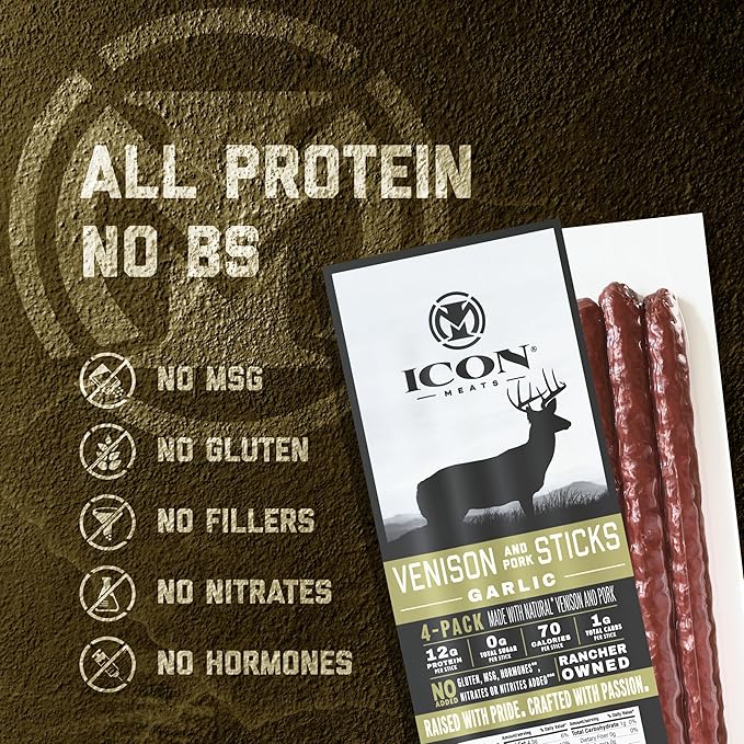 ICON Meats Venison and Pork Snack Sticks, Garlic, 6 Pack High Protein Snacks, 4 Meat Sticks per Pack, Zero Sugar, Gluten Free, Natural, USDA Inspected, Made in the USA, Gifts & Stocking Stuffers
