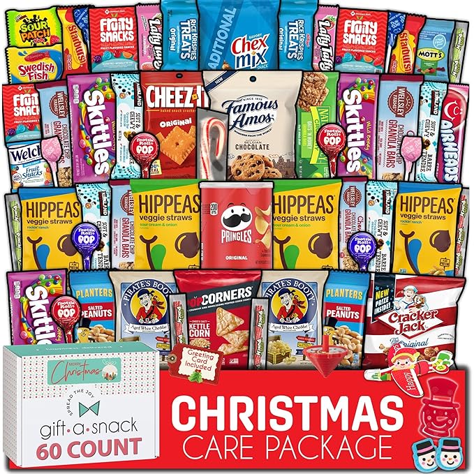 Gift A Snack - Christmas Candy Stocking Stuffers, Pre-filled Holiday Snack Box Care Package + Greeting Card (60 Count) Sweet Treats Gift Basket, Candies Chips Office Food Assortments