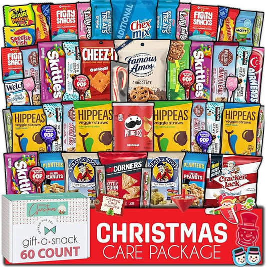 Gift A Snack - Christmas Candy Stocking Stuffers, Pre-filled Holiday Snack Box Care Package + Greeting Card (60 Count) Sweet Treats Gift Basket, Candies Chips Office Food Assortments
