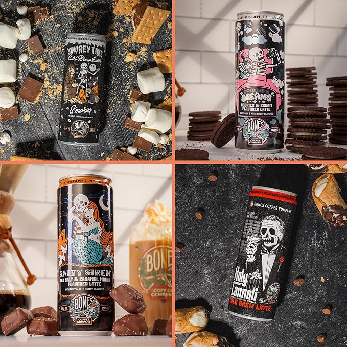 Bones Coffee Company Variety Pack Flavored Coffee, S'morey Time, Salty Siren, Holy Cannoli and Cookies N' Dreams Ready To Drink Latte Coffee in Can | Variety Flavors in Cans | 11 Fl Oz Can (12 Pack)