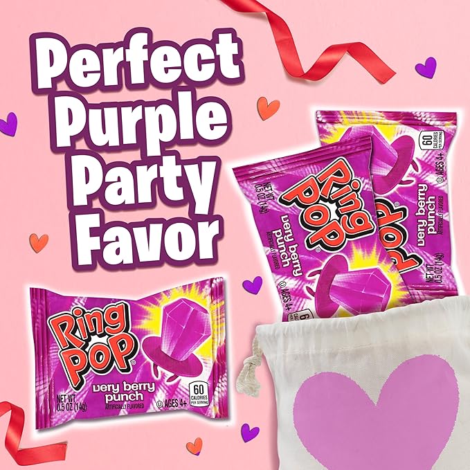 Ring Pop Purple Valentine's Candy Lollipops, 30Ct Bulk Individually Wrapped in Very Berry Punch Flavor, Full Size, Fun Hard Candy For Birthday Parties, Valentine's Gifts, Goodie Bags, Party Favors