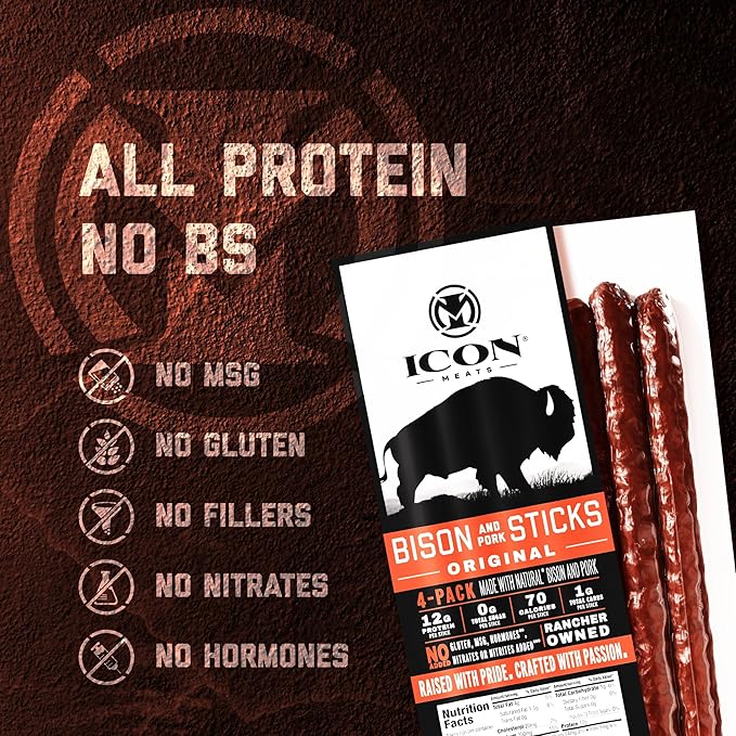 ICON Meats Bison and Pork Snack Sticks, Original, 6 Pack High Protein Snacks, 4 Meat Sticks per Pack, Sugar Free, Gluten Free, Natural, USDA Inspected, Made in USA, Gifts or Stocking Stuffers