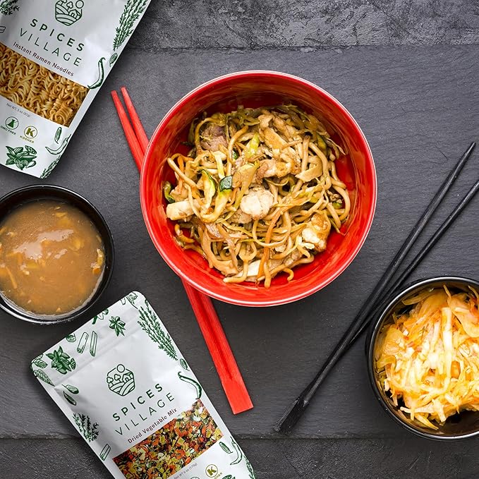 Spices Village Ramen Party Box – 3 Pack Noodles, 2 Pack Dried Vegetable Mixes & 3 Flavored Soup Bases – Chicken, Beef & Vegetable – Gourmet DIY Ramen Kit – Perfect for Gifts & Family Nights